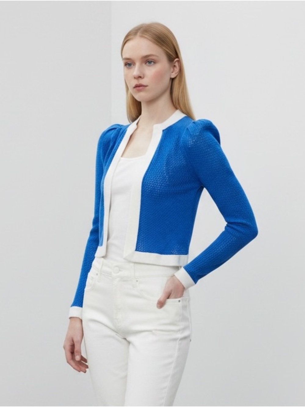 Alice and Olivia Trina Structured Shoulder Crop Cotton Wool Blend Cardigan Sz S